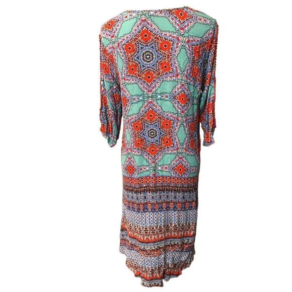Democracy boho medallion teal and off red orangish paisley print 3/4 sleeves wit - Picture 6 of 12
